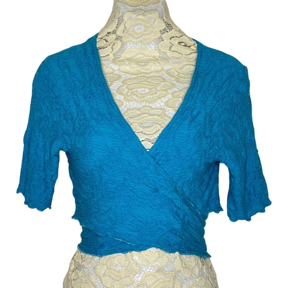 Sno Skins Wrap Top Women‎ XS Blue Textured Crinkle Cropped Shrug USA Balletcore
